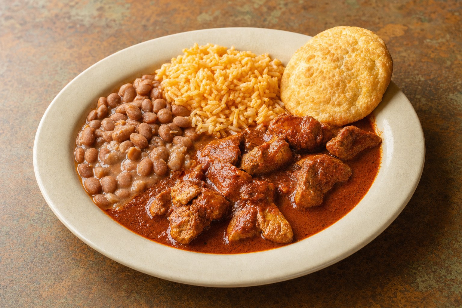 Carne adovada plate with rice, beans, and a sopaipilla