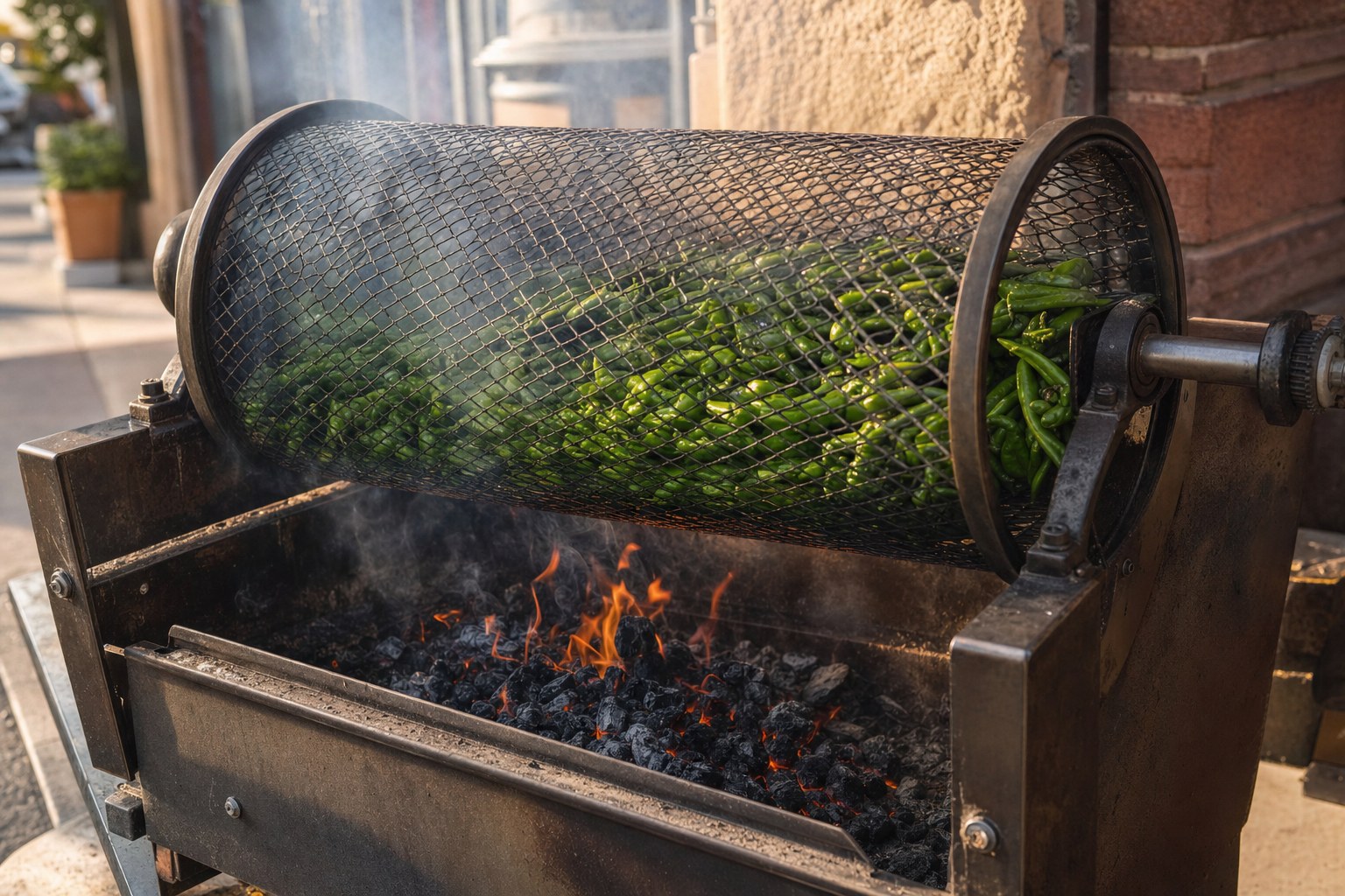 Fresh green chile roasting in a metal drum