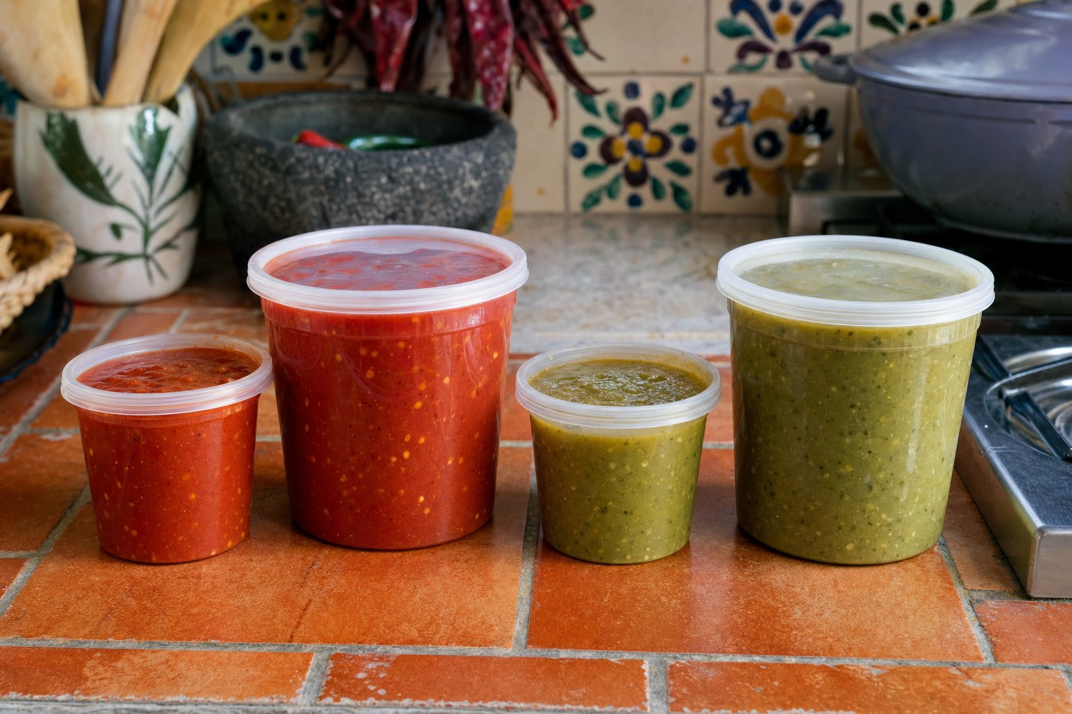 Pint and quart containers of red and green chile