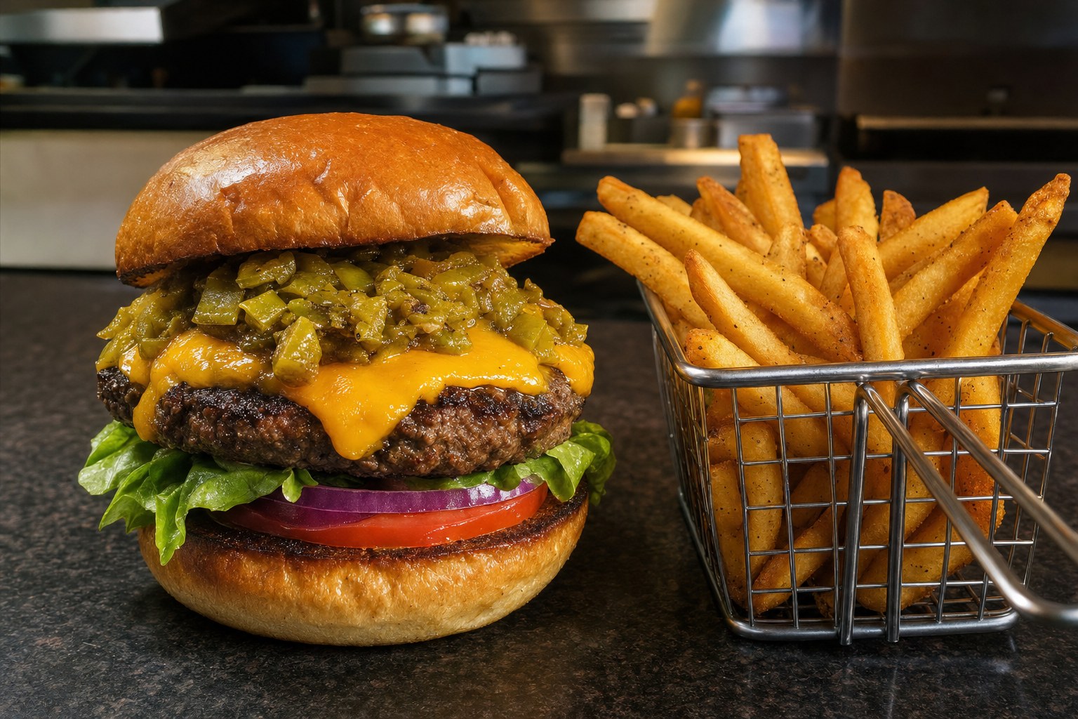 Green chile cheeseburger with fries