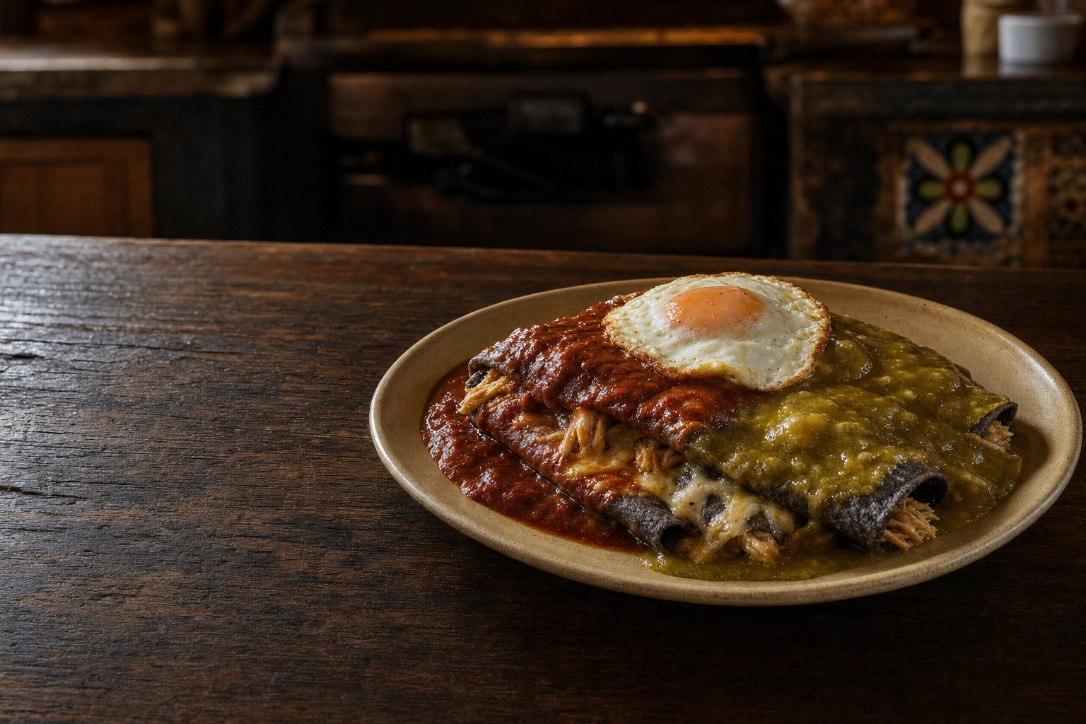 Stacked blue corn enchiladas covered with red and green chile and a fried egg