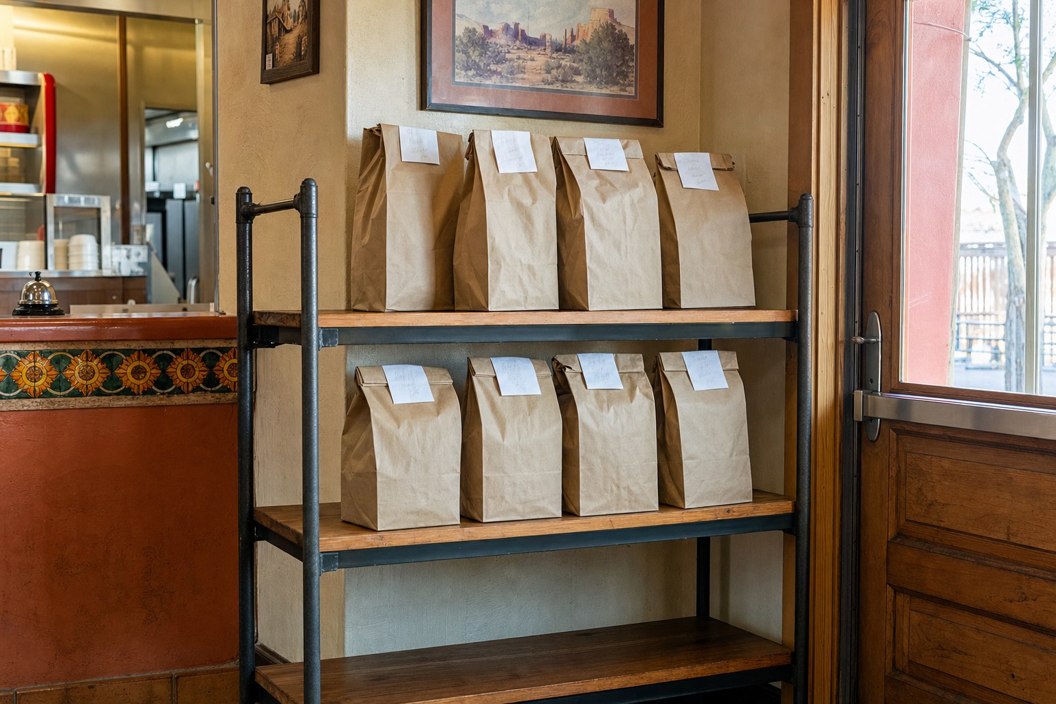 Paper takeout bags waiting on a pickup shelf